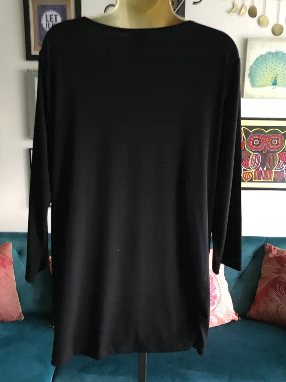 Easywear by CHICO'S size 2 / L Black & Ivory Print Stretch Asymmetric Tunic Top - Picture 4 of 5